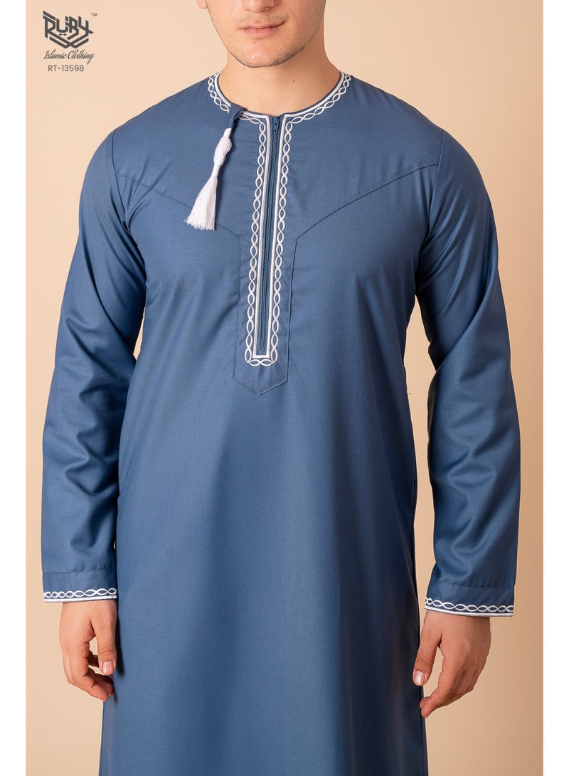 RUBY ISLAMIC CLOTHING Blue Omani/Emirati Dishdasha – Men's Omani/Emirati Style Thobe Kandura Classic - Full-Length Long Sleeve Islamic Jubbah - Image 4
