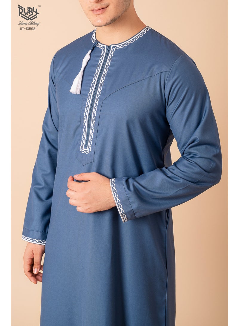 RUBY ISLAMIC CLOTHING Blue Omani/Emirati Dishdasha – Men's Omani/Emirati Style Thobe Kandura Classic - Full-Length Long Sleeve Islamic Jubbah - Image 5