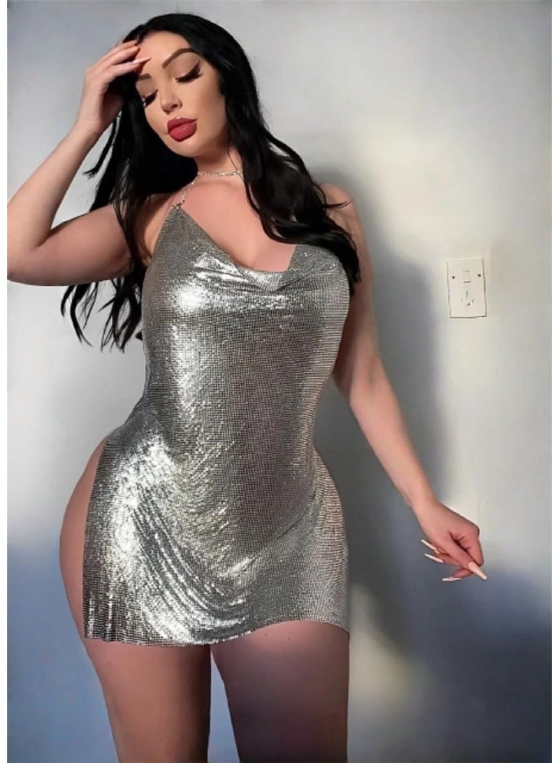 ملابس نسائية ملابس مزينة بالترتر المعدني بدون أكمام - Image 1