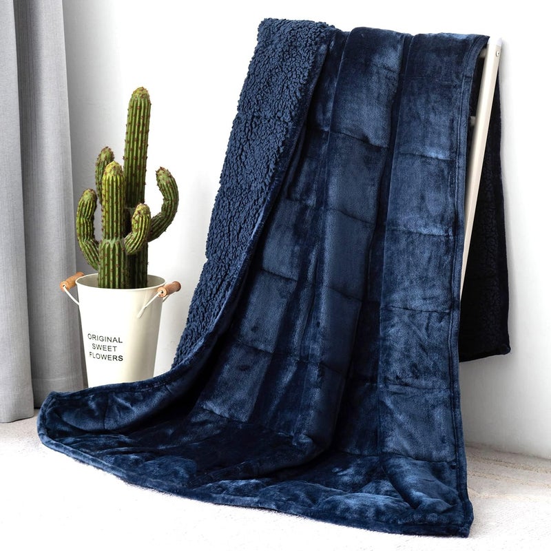 Topblan Sherpa Fleece Weighted Blanket 15lbs Uniformed Color with Fuzzy Fleece and Shaggy Sherpa to Help with Better Sleep 48x72 inches Navy Blue