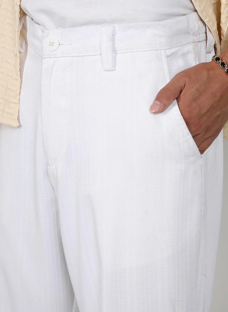 Campus Sutra Campus Sutra Men's Chalk White Tailored Linen-Blend Trousers For Casual Wear | Tailored Fit | 4 Pockets | Button Closure | Trousers Crafted With Comfort Fit For Everyday Wear