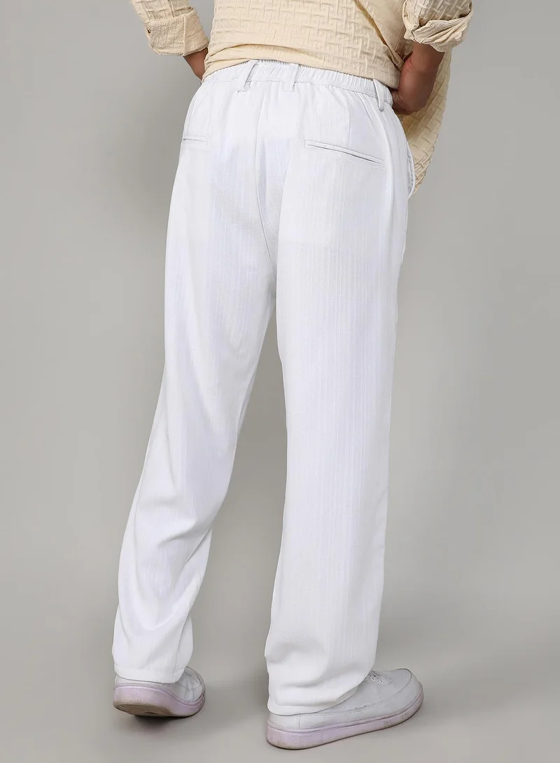 Campus Sutra Campus Sutra Men's Chalk White Tailored Linen-Blend Trousers For Casual Wear | Tailored Fit | 4 Pockets | Button Closure | Trousers Crafted With Comfort Fit For Everyday Wear
