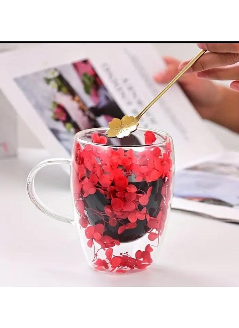 3Diamonds Double Walled Coffee Cups 350ml - Set of 2, Borosilicate Glass Mugs with Real Dry Flowers, Insulated Tea and Coffee Cups, Gift Set for Holiday and Valentine's Day (Red)  - Image 2