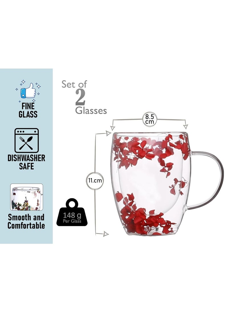3Diamonds Double Walled Coffee Cups 350ml - Set of 2, Borosilicate Glass Mugs with Real Dry Flowers, Insulated Tea and Coffee Cups, Gift Set for Holiday and Valentine's Day (Red)  - Image 3