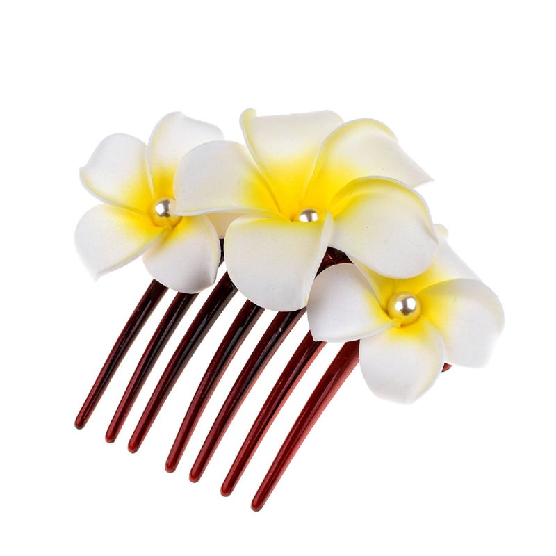 Love Sweety Hawaiian Plumeria Pearl Hair Clips Women Side Comb Flower Barrettes for Beach Party Comb White
