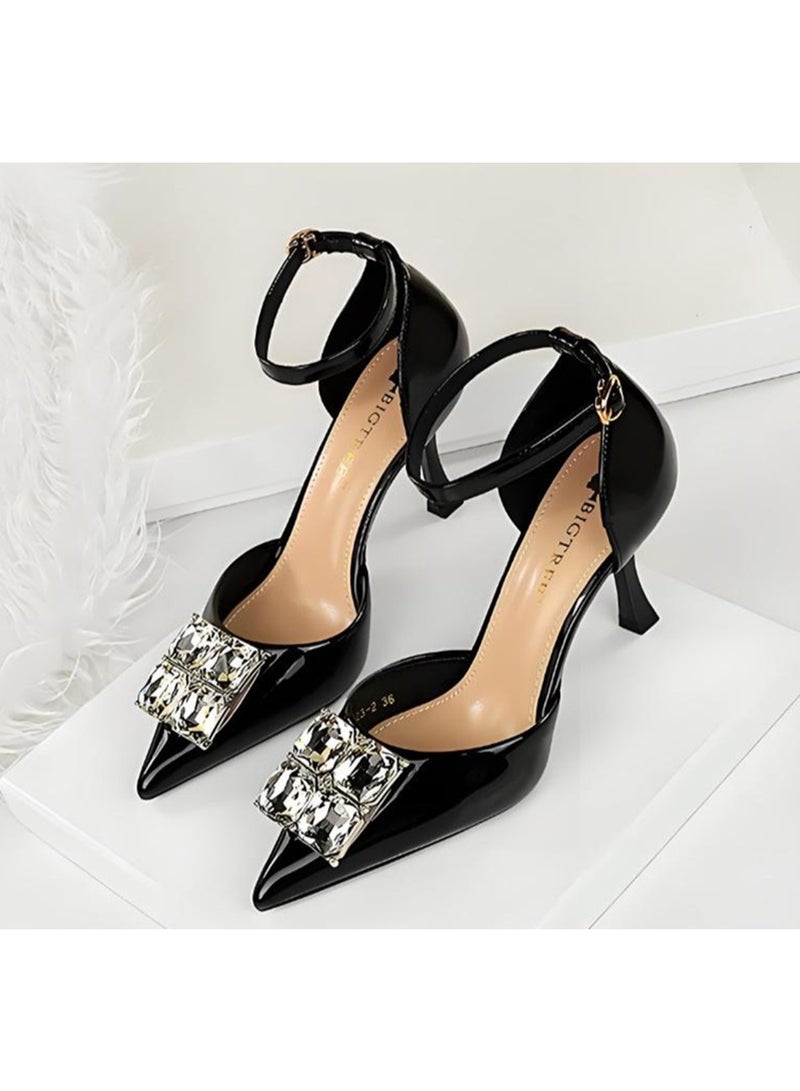 BIGTREE Women's Rhinestone Stiletto Pumps Closed Pointed Toe High Heels Party Dress Shoes With Ankle Straps Black 8CM - Image 1