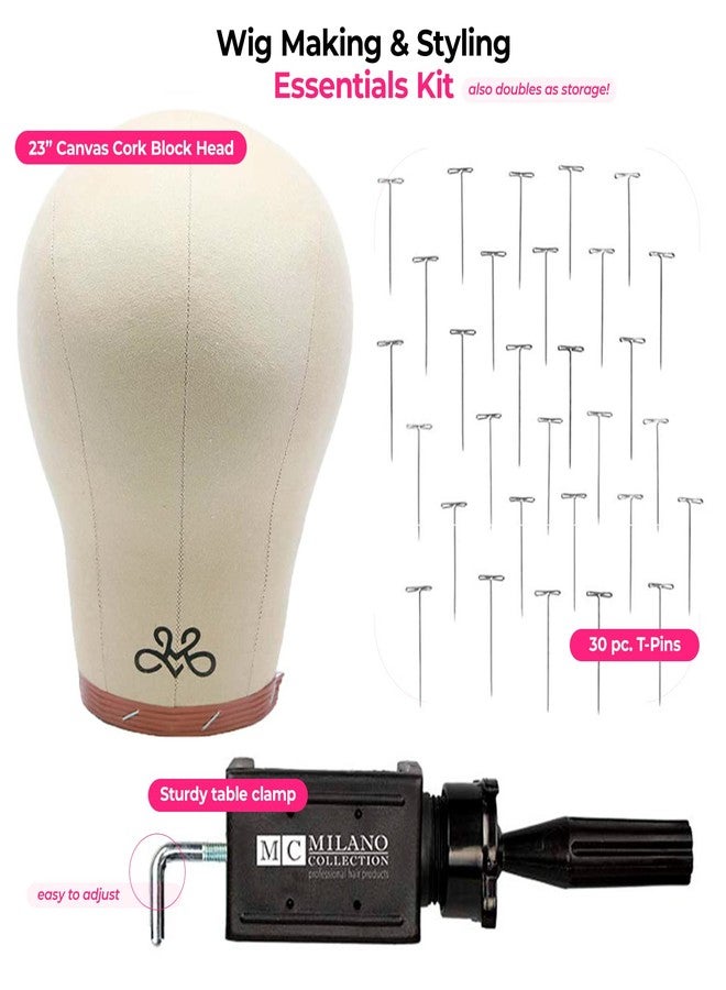 Milano Collection Wig Making & Styling Essentials Kit, Includes 21” Cork Canvas Block Wig Head and 30 pc. T-Pins, Table Clamp Wig Stand, Great for Beginners to Experts - Image 2