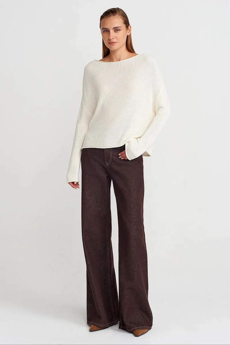 Dilvin Ivory Natural DILVIN Women's Ribbed Boat Neck Knit Sweater for Women | Best Price UAE