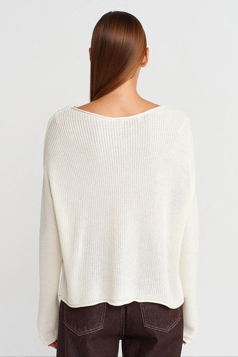 Dilvin Ivory Natural DILVIN Women's Ribbed Boat Neck Knit Sweater for Women | Best Price UAE