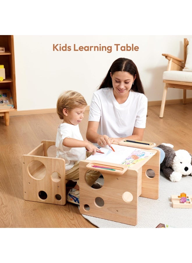 Toriseek Kids Table and Chair Set, Montessori Weaning Table and Chairs Set for Toddler, Natural Solid Wooden Activity Table Cube Chair for Drawing Reading, Montessori Playroom Furniture for Children - Image 2