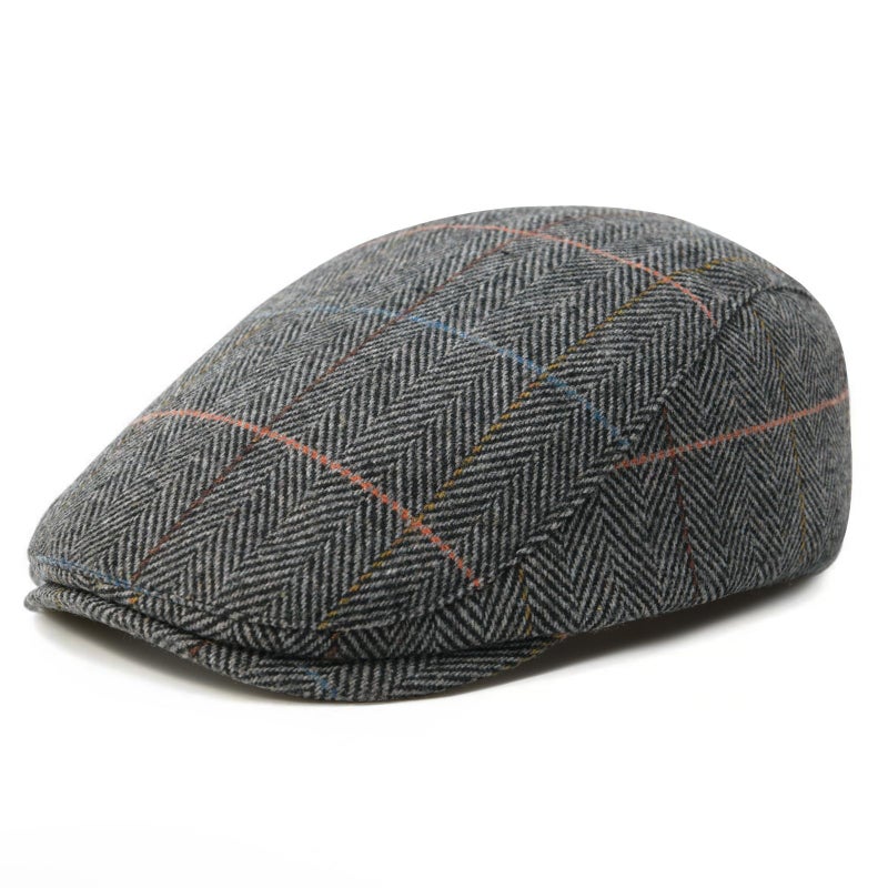 FEINION Men Wool Blend Flat Cap Tweed Newsboy Ivy Hat (Plaid Grey) - Image 1