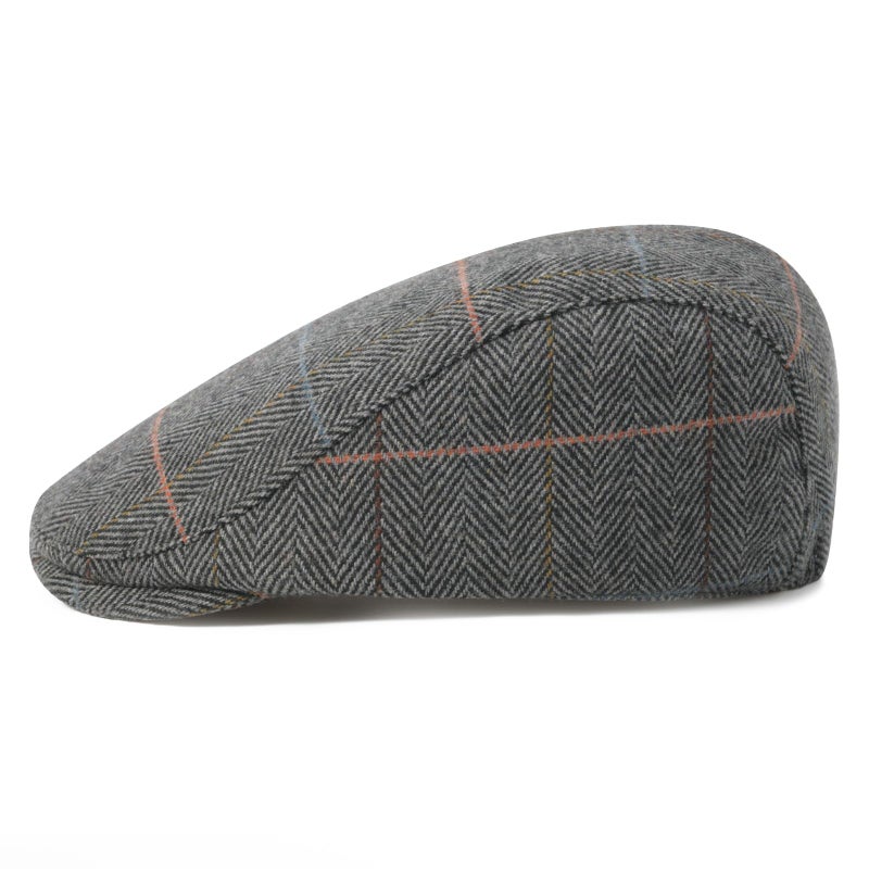 FEINION Men Wool Blend Flat Cap Tweed Newsboy Ivy Hat (Plaid Grey) - Image 2