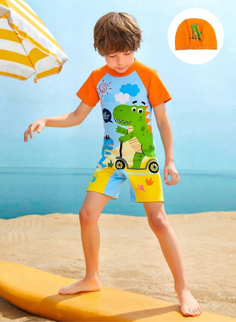 Kids' Swimwear Set – Two-Piece Outfit and Cap with Cute Dinosaur Prints. Made from flexible and comfortable materials, suitable for children size (110cm). Perfect for summer, pools, and beach use. - Image 5