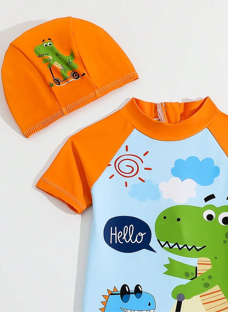 Kids' Swimwear Set – Two-Piece Outfit and Cap with Cute Dinosaur Prints. Made from flexible and comfortable materials, suitable for children size (110cm). Perfect for summer, pools, and beach use. - Image 3