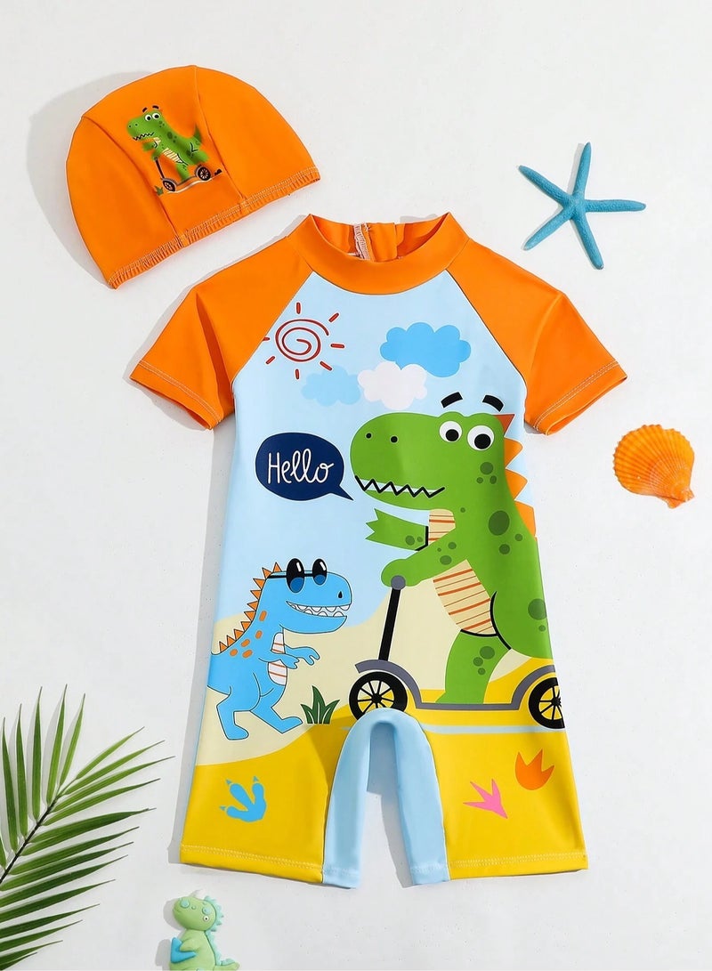 Kids' Swimwear Set – Two-Piece Outfit and Cap with Cute Dinosaur Prints. Made from flexible and comfortable materials, suitable for children size (110cm). Perfect for summer, pools, and beach use. - Image 1