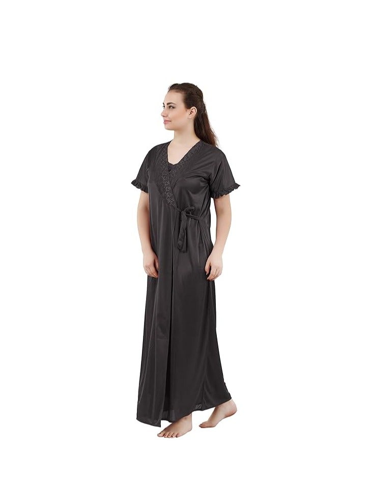 Accessorize Kingdom Women's Satin Solid Maxi (Size - Free Size) (Nightwear Set Pack of 2)  - Image 4