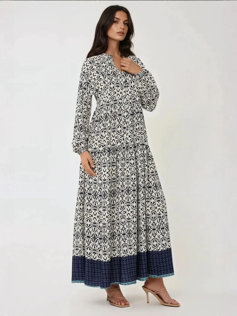 زوبعة فستان ماكسي مطبوع بياقة قميص