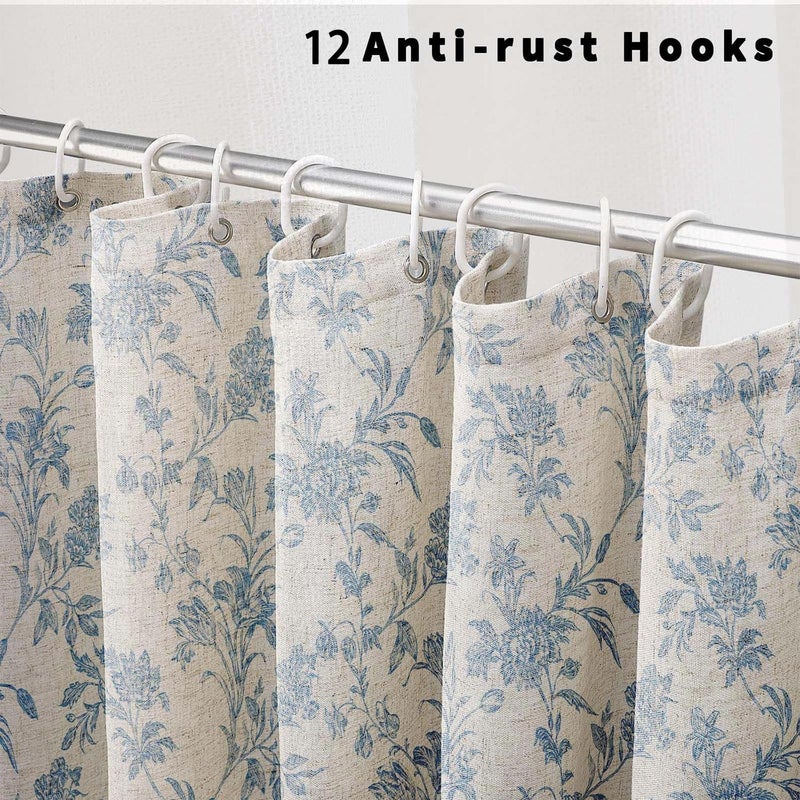 WOUVMA Extra Long Blue Shower Curtain Floral Cotton Linen Cottagecore Shower Curtain for Bathroom 90" L x 72" W - Image 3
