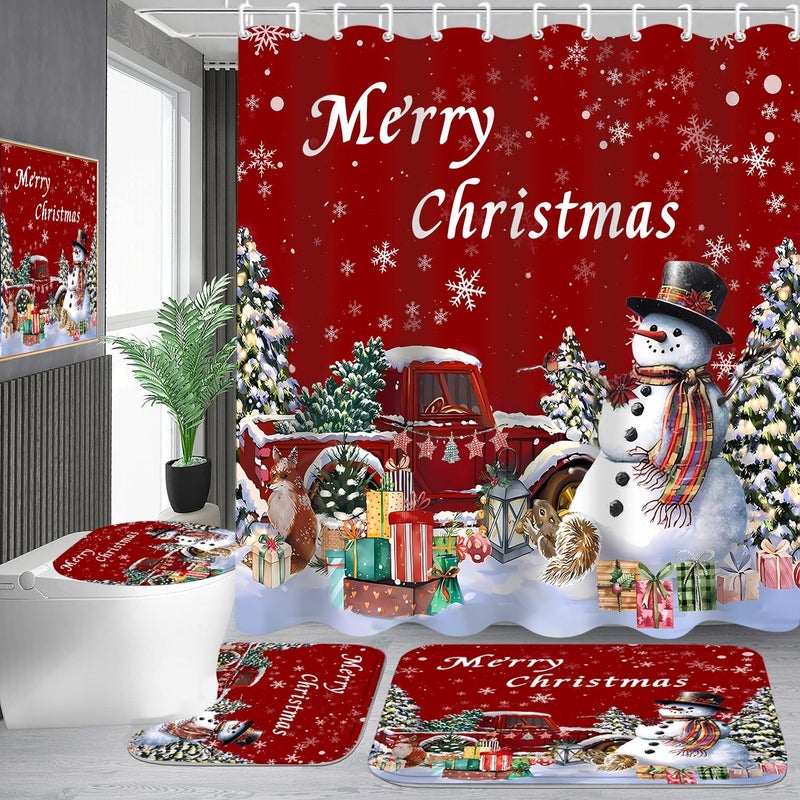 Pretyw 4 Pcs Red Christmas Shower Curtains Set with Non-Slip Rugs, Toilet Lid Cover and Bath Mat, Winter Holiday Snowman Shower Curtain with 12 Hooks, Xmas Tree Red Truck Shower Curtain for Bathroom - Image 1