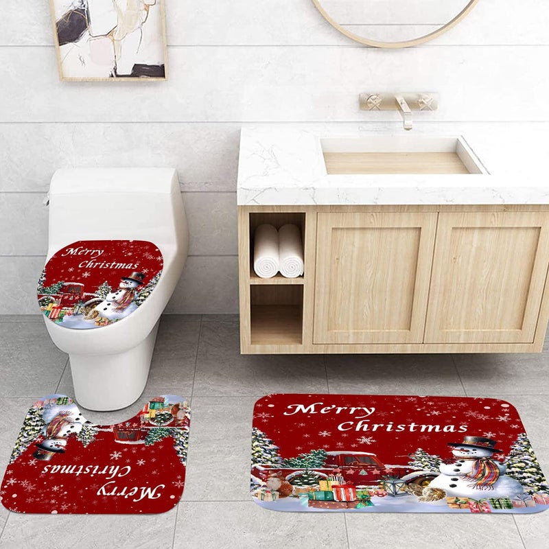 Pretyw 4 Pcs Red Christmas Shower Curtains Set with Non-Slip Rugs, Toilet Lid Cover and Bath Mat, Winter Holiday Snowman Shower Curtain with 12 Hooks, Xmas Tree Red Truck Shower Curtain for Bathroom - Image 4