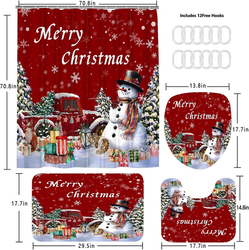 Pretyw 4 Pcs Red Christmas Shower Curtains Set with Non-Slip Rugs, Toilet Lid Cover and Bath Mat, Winter Holiday Snowman Shower Curtain with 12 Hooks, Xmas Tree Red Truck Shower Curtain for Bathroom - Image 2