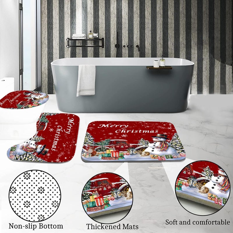 Pretyw 4 Pcs Red Christmas Shower Curtains Set with Non-Slip Rugs, Toilet Lid Cover and Bath Mat, Winter Holiday Snowman Shower Curtain with 12 Hooks, Xmas Tree Red Truck Shower Curtain for Bathroom - Image 3