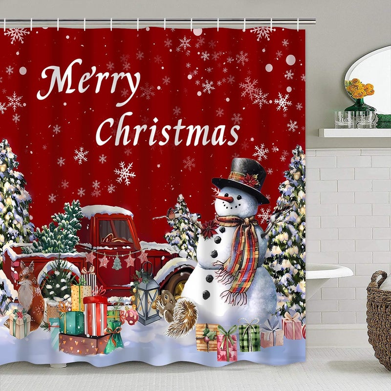 Pretyw 4 Pcs Red Christmas Shower Curtains Set with Non-Slip Rugs, Toilet Lid Cover and Bath Mat, Winter Holiday Snowman Shower Curtain with 12 Hooks, Xmas Tree Red Truck Shower Curtain for Bathroom - Image 5