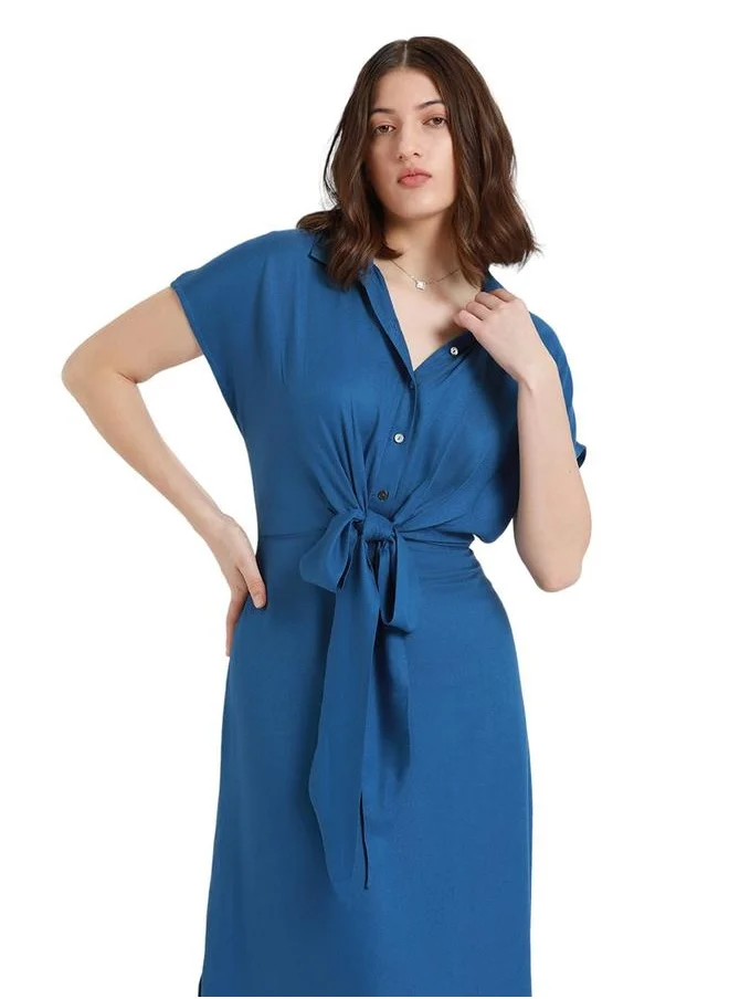 دينيس لينغو Regular Fit Blue Viscose Moss Dress  for Women