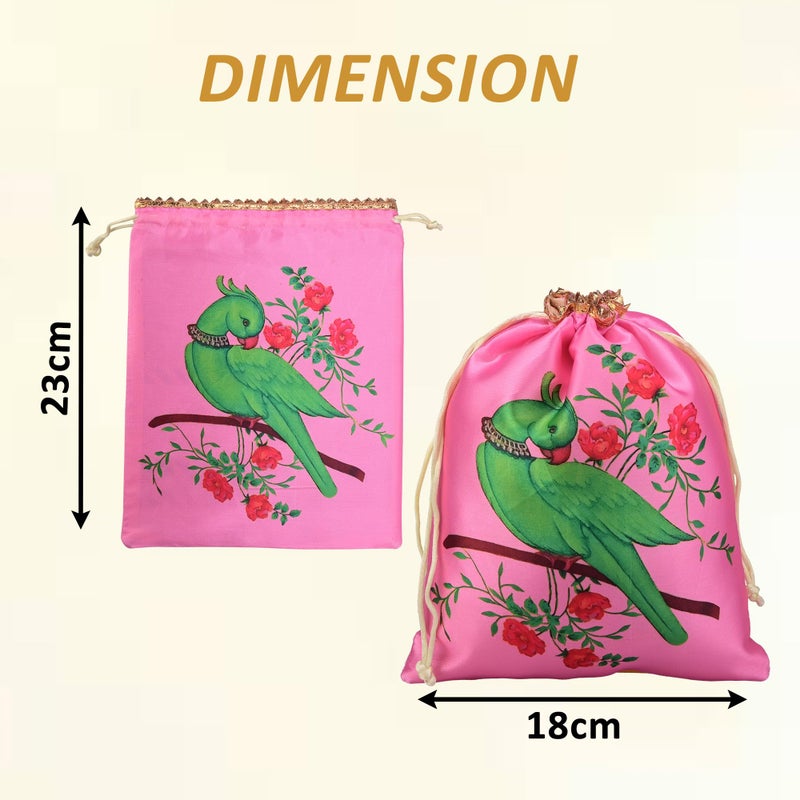 Kuber Industries Kuber Industries 6 Pcs Satin 7x9 Inch Potli Bags for Women | Wedding Return Gift Potli | Ladies Potli Pouches for Party, Birthday, Shagun | Drawstring Jewellery Pouch | Parrot Design - Yellow & Pink  - Image 3