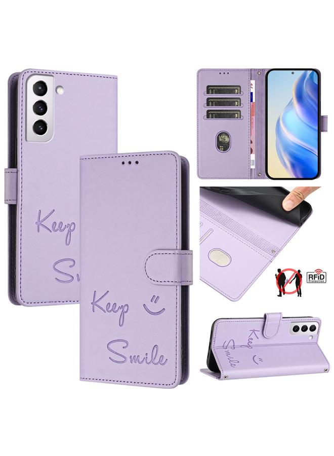 زبون جراب هاتف جلدي بنقش ابتسامة بتقنية RFID لهاتف Samsung Galaxy S21+ 5G (أرجواني فاتح)