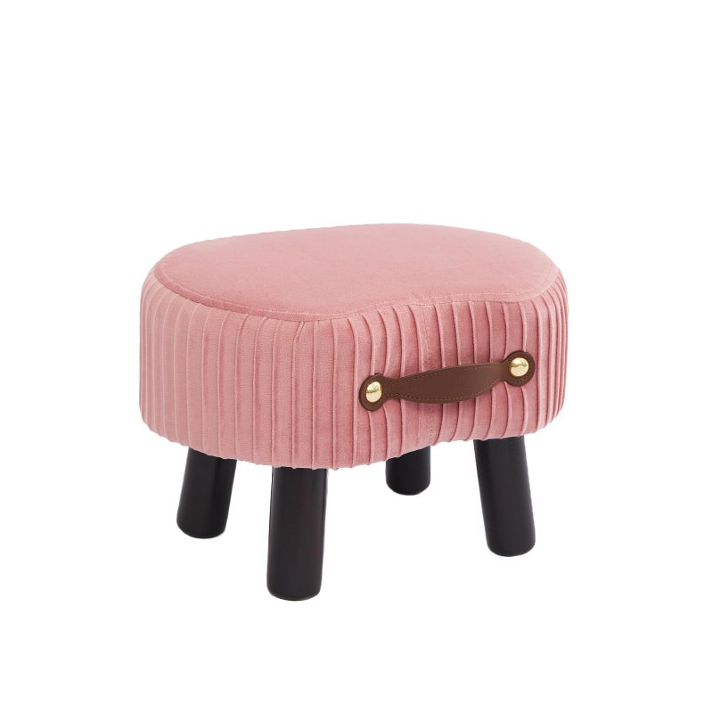 Small Footstool with Handle Velvet Ottoman Foot Rest with Padded Seat Curved Foot Stool with Wooden Legs Portable Foot Rest for Living Room Bedroom Entryway Pink