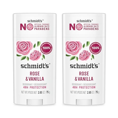 Schmidts AluminumFree Vegan Deodorant Rose  Vanilla with 24 Hour Odor Protection 2 Count for Women and Men Natural Ingredients CrueltyFree 265 oz