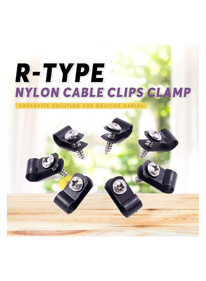 Swpeet 60 Pack Black 1/4 Inch Nylon Plastic R-Type Cable Clips Clamp Kit, Nylon Screw Mounting Cord Fastener Clips with 60 Pack Screws for Wire Management - Image 1