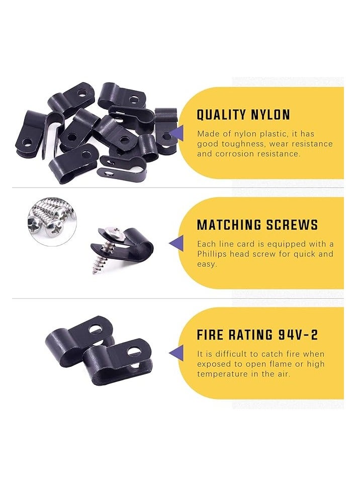 Swpeet 60 Pack Black 1/4 Inch Nylon Plastic R-Type Cable Clips Clamp Kit, Nylon Screw Mounting Cord Fastener Clips with 60 Pack Screws for Wire Management - Image 2