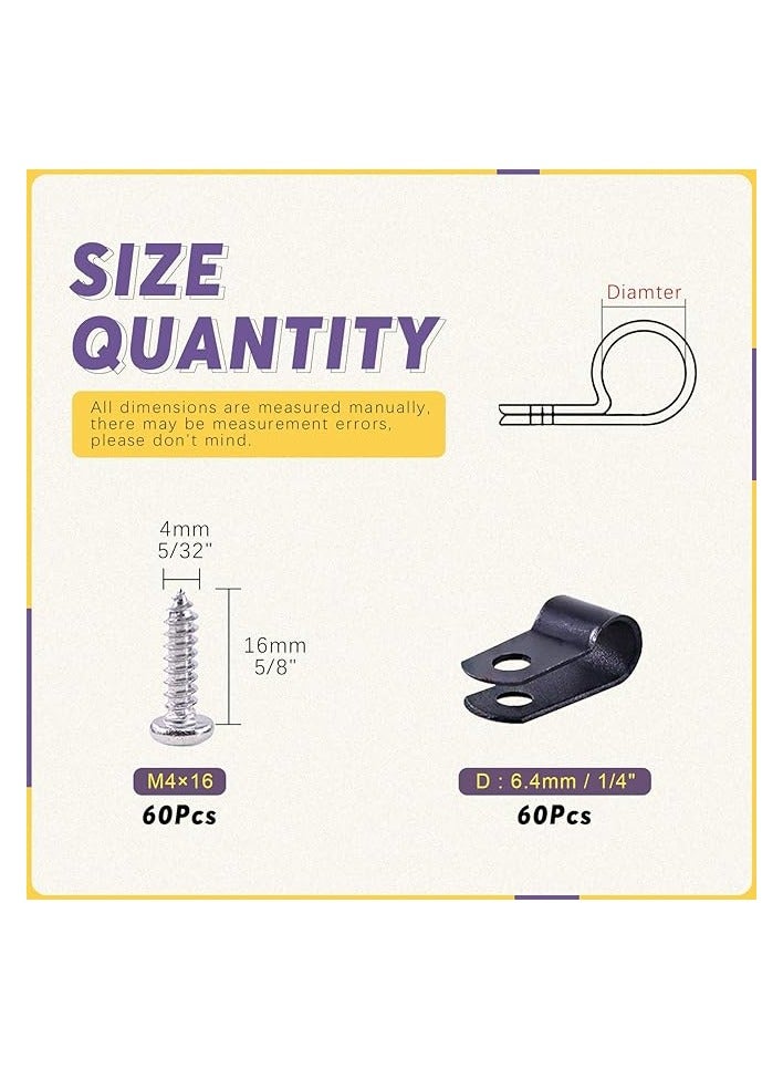 Swpeet 60 Pack Black 1/4 Inch Nylon Plastic R-Type Cable Clips Clamp Kit, Nylon Screw Mounting Cord Fastener Clips with 60 Pack Screws for Wire Management - Image 3