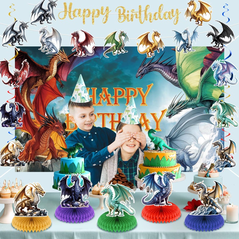 LUUFILx Dragon Birthday Party Decorations Black Gold Dragon Knight Party Supplies with Birthday Banner Backdrop Honeycomb Topper Hanging Swirls Balloons for Kids Dinosaur Decor (Blue) - Image 4