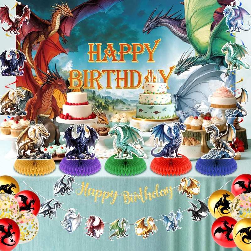 LUUFILx Dragon Birthday Party Decorations Black Gold Dragon Knight Party Supplies with Birthday Banner Backdrop Honeycomb Topper Hanging Swirls Balloons for Kids Dinosaur Decor (Blue) - Image 5