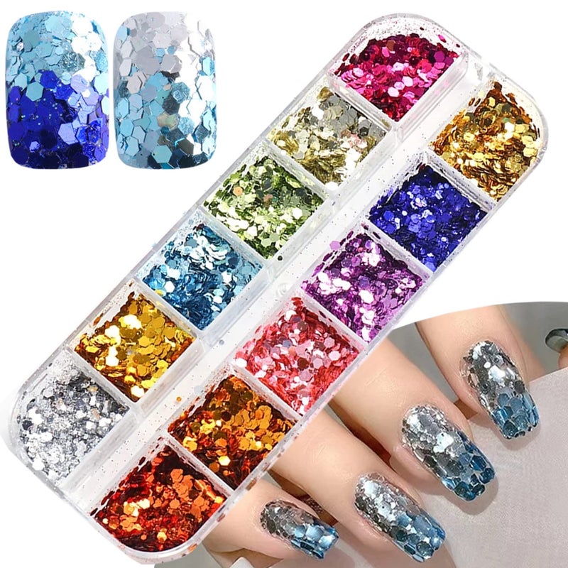 Mermaid Glitter Nail Art Sequins 12 Colors Hexagon Shape Glitter Flakes Design Holographic 3D Sparkly Acrylic Nails Supplies for Women Girls Manicure Shiny Decorations DIY Resin Nail Art Tips