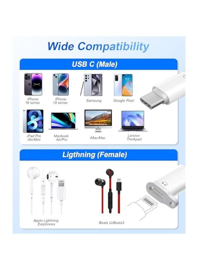 Lightning to USB C Audio Adapter for Heaphones Support Line Control, 2 Packs USBC Male to Lightning Female Earbuds Adapter, Not for Charging/Data Transfer, USB-C for Apple iPhone 17 16 15/iPad - Image 4
