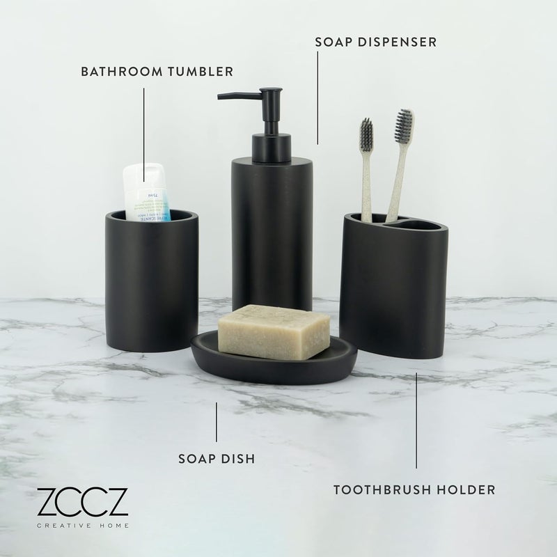 مجموعة إكسسوارات الحمام ZCCZ، 4 قطع أسود مطفي لطاولة الزينة في الحمام، ديكورات الحمام مع موزع الصابون، مجموعة حامل فرشاة الأسنان، كوب، طبق الصابون - Image 3