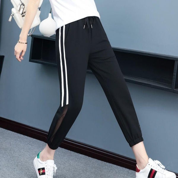 Large Size Sports Pants Air Conditioner Ankle-length Pants Thin 2023 Spring and Summer Mesh Casual Running Harem Pants Womens Bloomers Black
