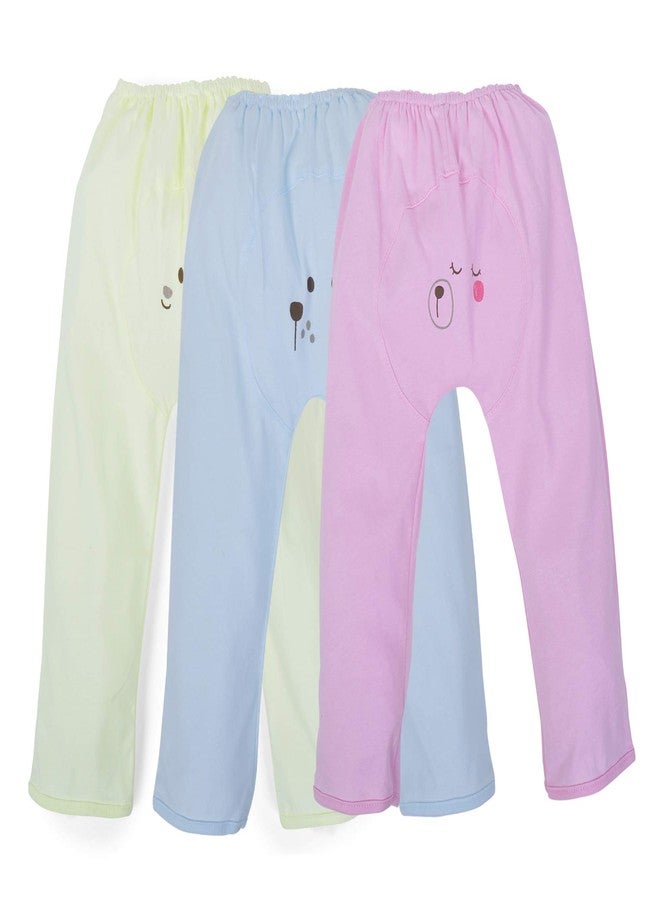 Pokory Kids Leggings Pyjama Pants with Diaper fit Bottom Solid Hoisery Combo Pack of 3 Cotton Pink & Blue & Yellow Colour 1 Each Size S Pyjama for Baby Boys & Girls Infant Clothing Newborn Unisex - Image 1