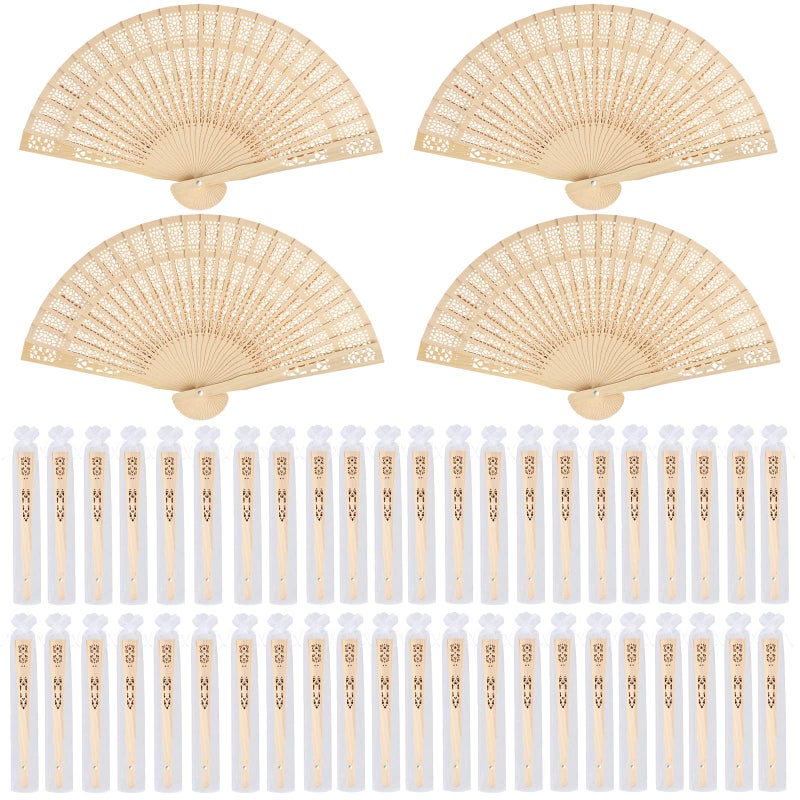 MCEAST 48 Pieces Sandalwood Fans Wooden Folding Fans with Gift Bags Vintage Handheld Fans for Wedding Gifts Baby Shower Party Favor Home Decoration