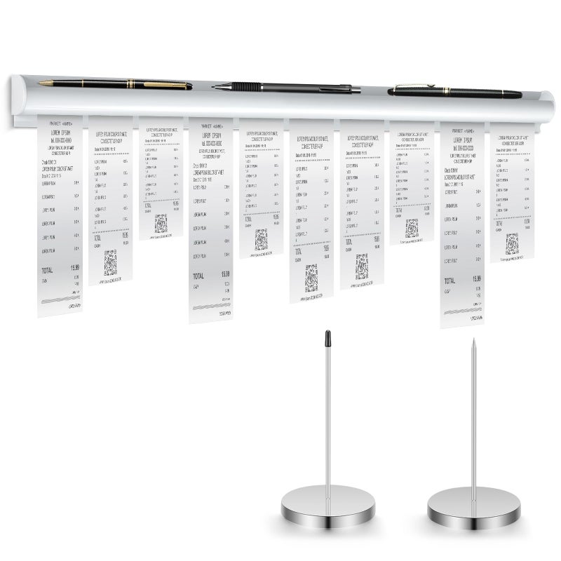 Henoyso 24 Inch Aluminum Slide Check Rack with Pen Slot and 2 Pcs Receipt Holder Spikes Desk Receipt Storage Restaurant Food Truck Ticket Holder Accessories Bill Order Display Rail for Kitchen Bar - Image 2