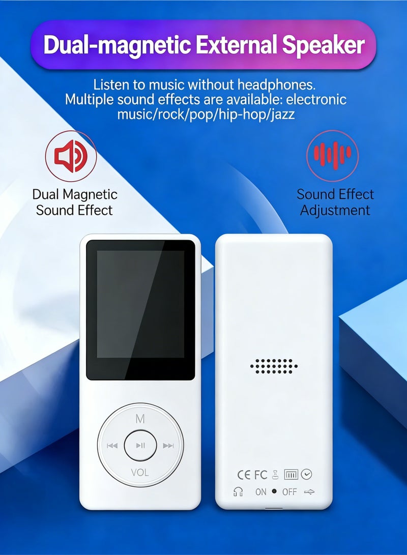 SANMUDII Bluetooth MP3 player, 64GB storage, 1.8-inch display, built-in speaker, FM radio support, voice recording, e-book compatibility. Specially designed for sports and running, it is a good holiday gift for classmates/reatives and friends/students. Portable media player (white) - Image 2