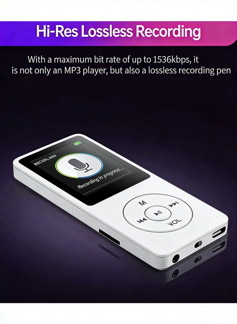 SANMUDII Bluetooth MP3 player, 64GB storage, 1.8-inch display, built-in speaker, FM radio support, voice recording, e-book compatibility. Specially designed for sports and running, it is a good holiday gift for classmates/reatives and friends/students. Portable media player (white) - Image 3