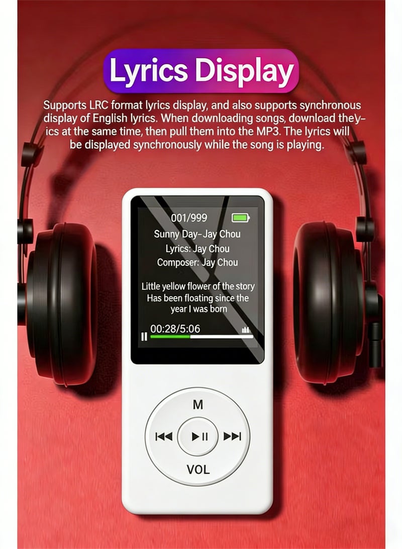 SANMUDII Bluetooth MP3 player, 64GB storage, 1.8-inch display, built-in speaker, FM radio support, voice recording, e-book compatibility. Specially designed for sports and running, it is a good holiday gift for classmates/reatives and friends/students. Portable media player (white) - Image 5