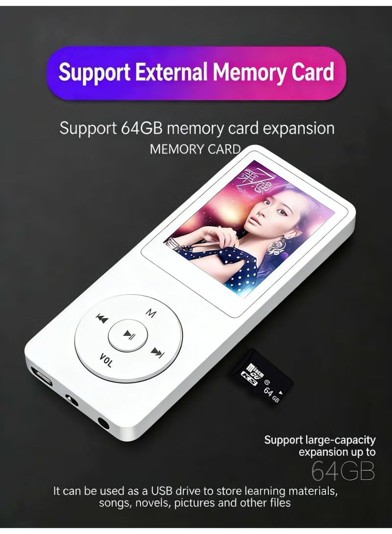 SANMUDII Bluetooth MP3 player, 64GB storage, 1.8-inch display, built-in speaker, FM radio support, voice recording, e-book compatibility. Specially designed for sports and running, it is a good holiday gift for classmates/reatives and friends/students. Portable media player (white) - Image 4