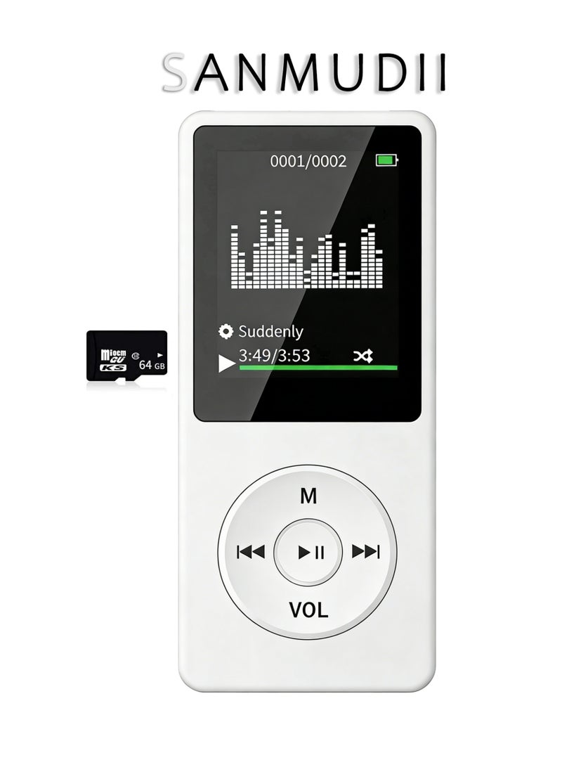 SANMUDII Bluetooth MP3 player, 64GB storage, 1.8-inch display, built-in speaker, FM radio support, voice recording, e-book compatibility. Specially designed for sports and running, it is a good holiday gift for classmates/reatives and friends/students. Portable media player (white) - Image 1