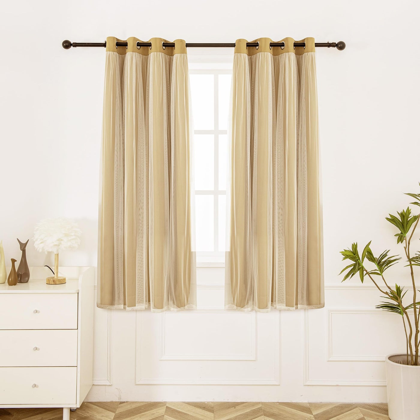 INLINAS Gold Blackout Curtains with Sheer Layer - Grommet Top Thermal and Noise Reduction Panels for Bedroom and Living Room Light Blocking and Energy Saving, 52 x 63 Inches, Set of 2